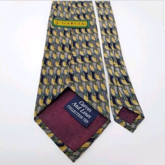 J. Garcia Yellow & Blue Curves Lines Silk Necktie - Picture 5 of 5